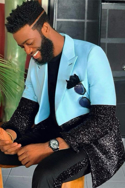 Sparkly Blue and Black Slim-Fit Classic Men Suits
