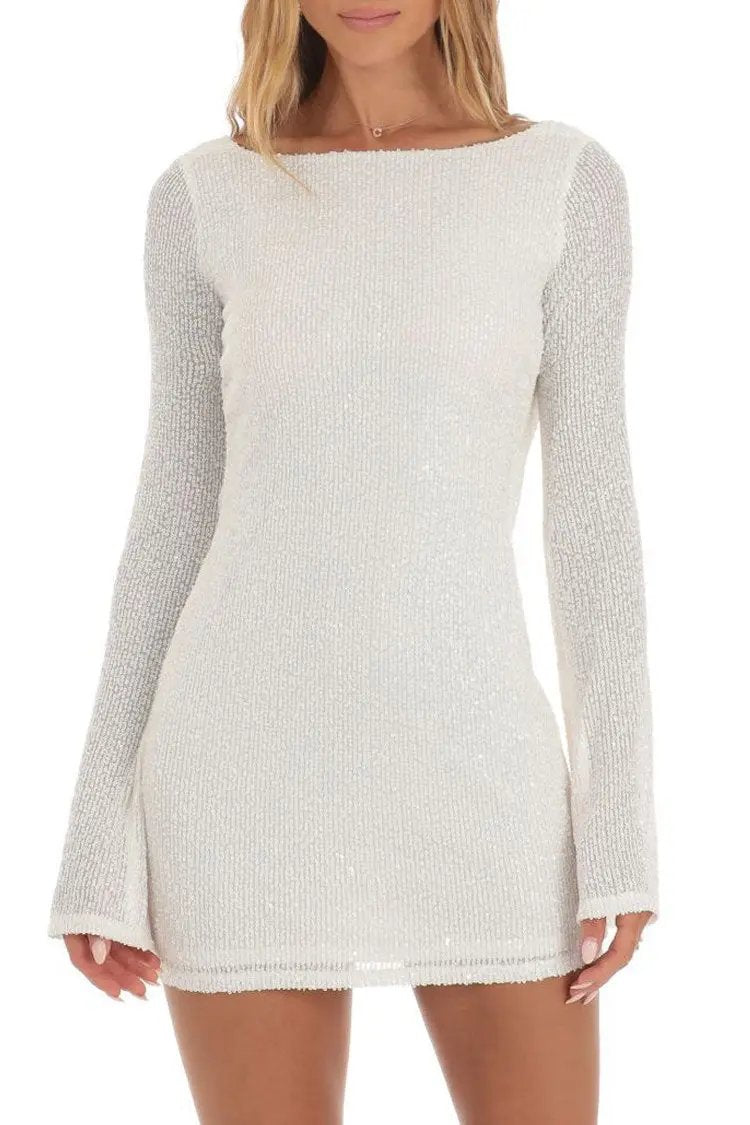 Draped Backless Sequin Mini Dress with Bell Sleeves - White - Fashionpara