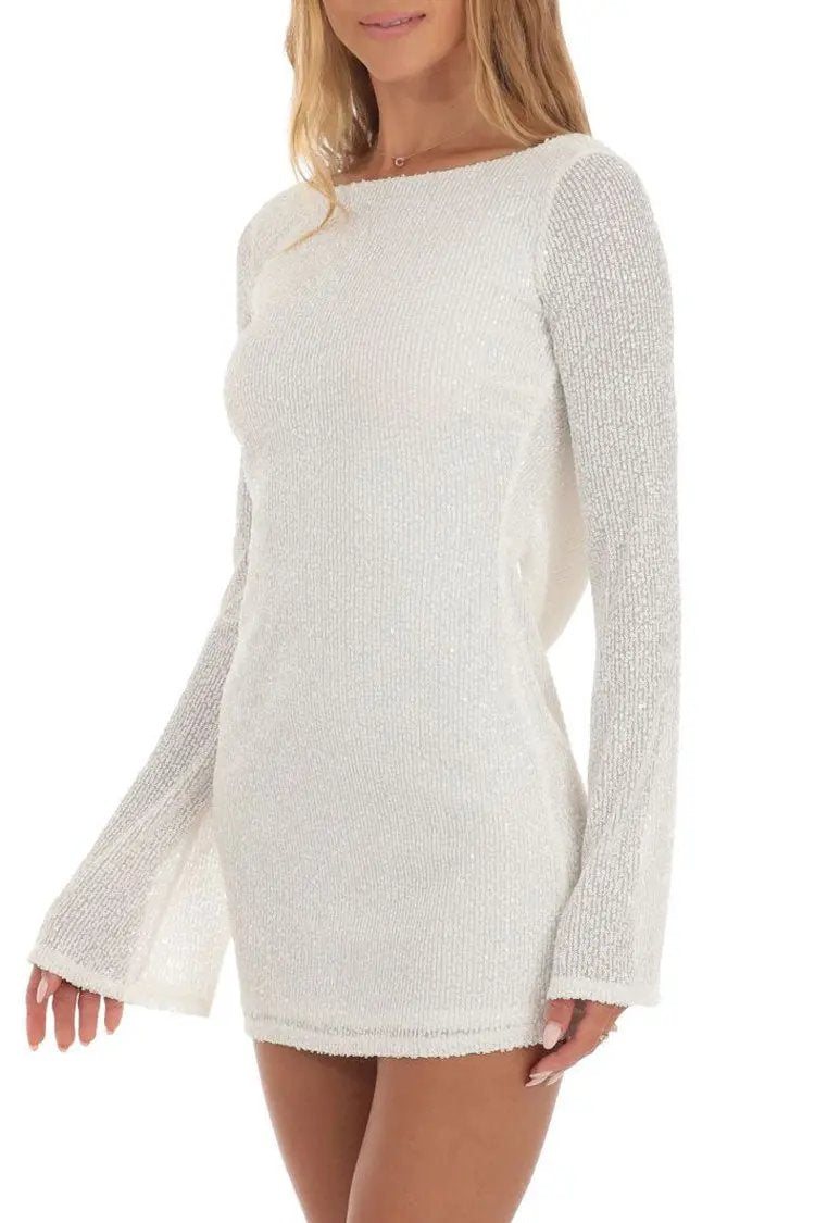 Draped Backless Sequin Mini Dress with Bell Sleeves - White - Fashionpara