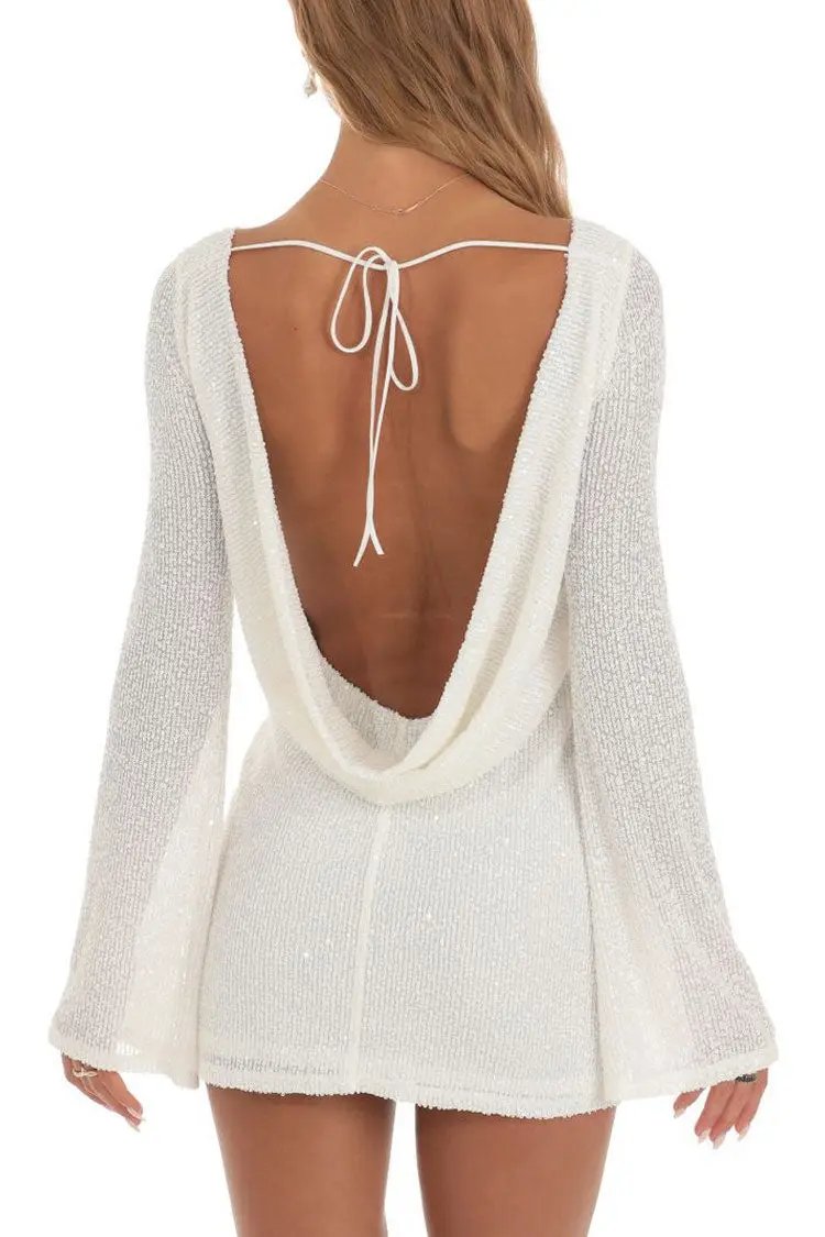 Draped Backless Sequin Mini Dress with Bell Sleeves - White - Fashionpara