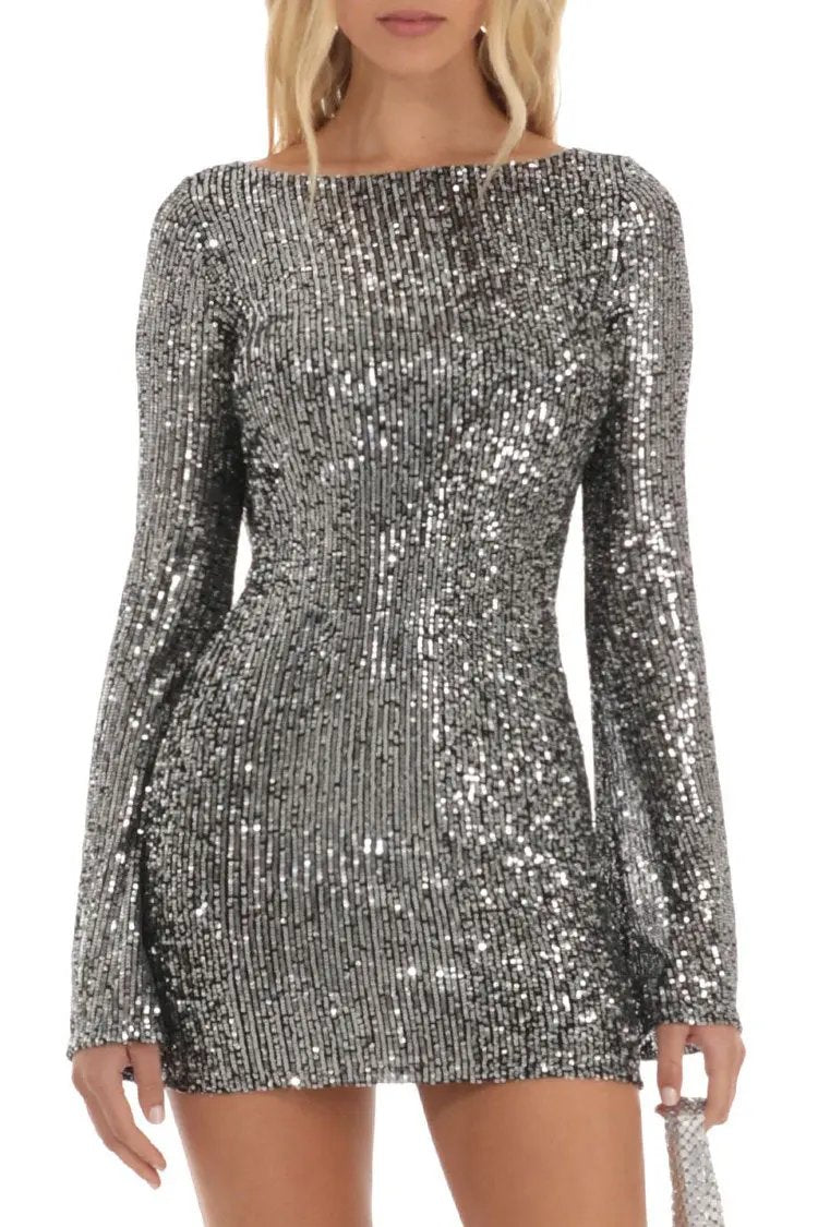 Sparkly Backless Sequin Mini Dress with Bell Sleeves - Fashionpara