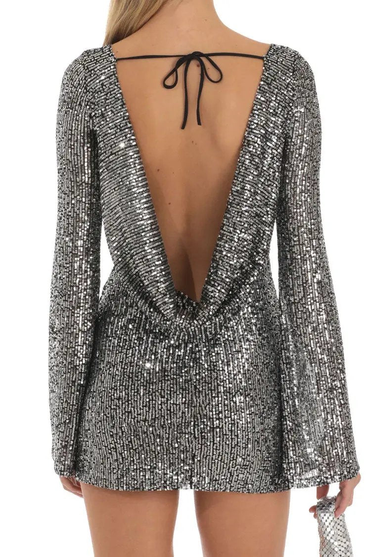 Sparkly Backless Sequin Mini Dress with Bell Sleeves - Fashionpara
