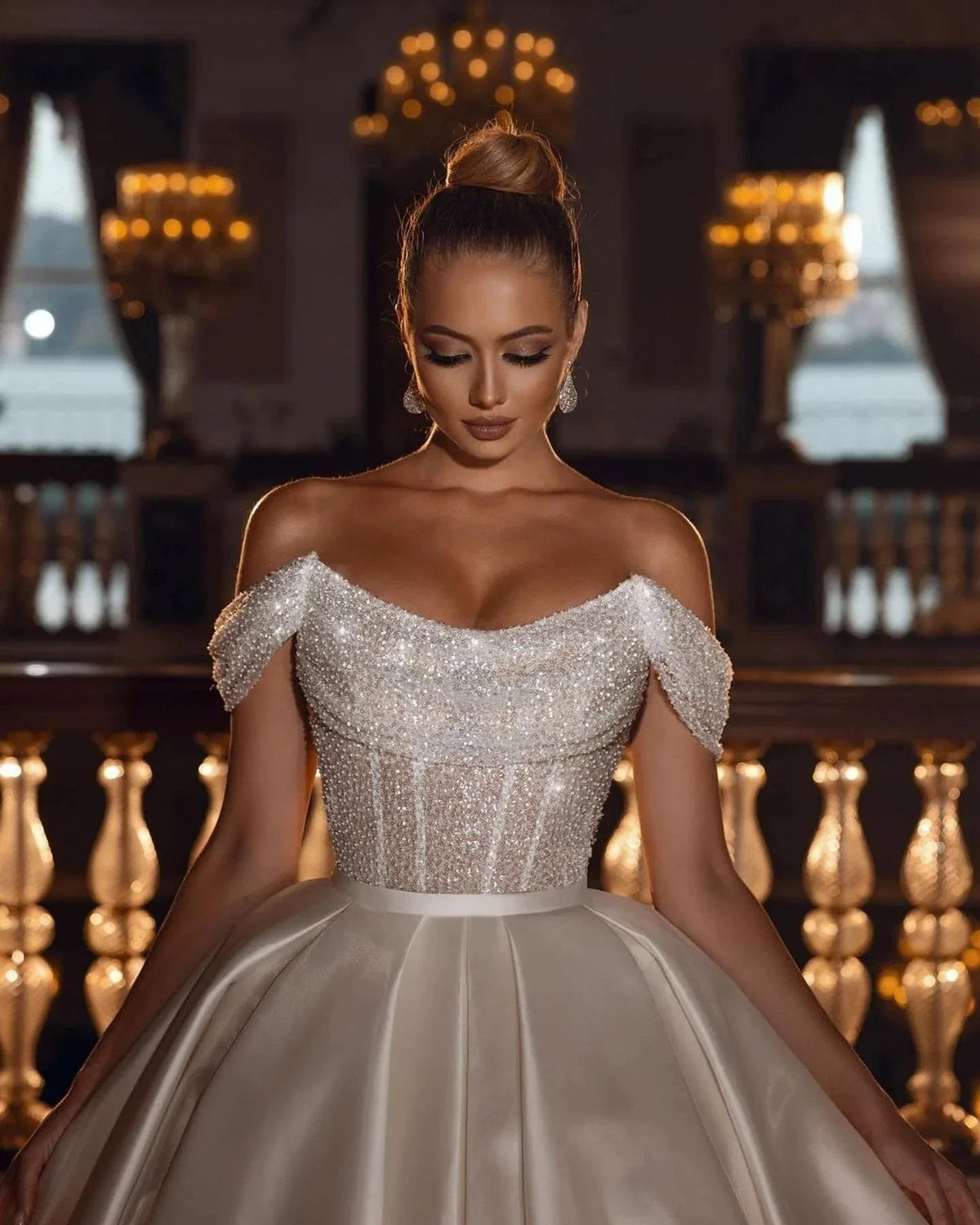 Sparkly Off-the-Shoulder Sequins A-line Bridal Dress with Detachable Sweep Train (ZD16417)