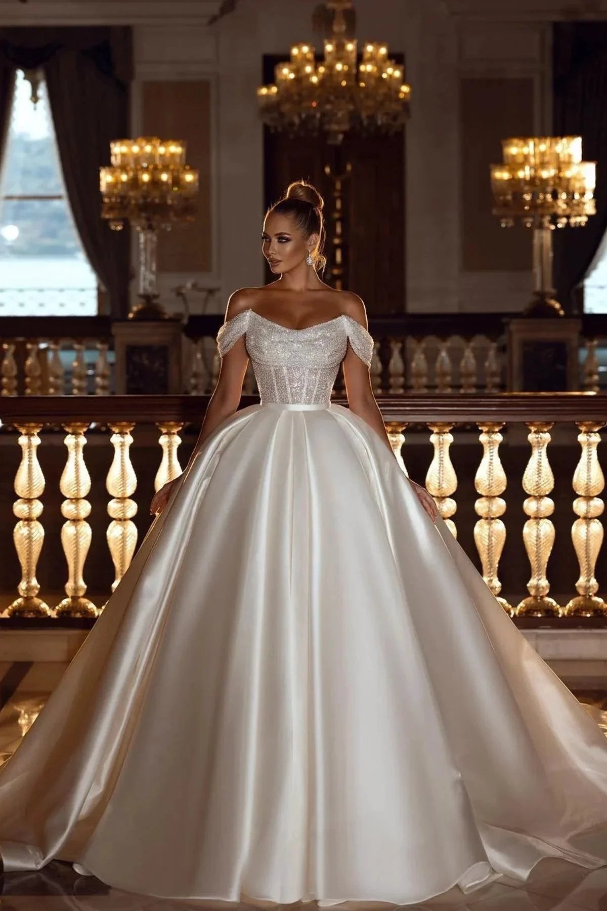 Sparkly Off-the-Shoulder Sequins A-line Bridal Dress with Detachable Sweep Train (ZD16417)