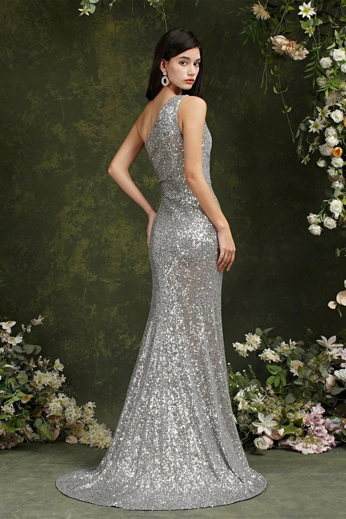 Sparkly One Shoulder Sequins Mermaid Floor-length Bridesmaid/Prom Dress With Side Slit (ZD13149)