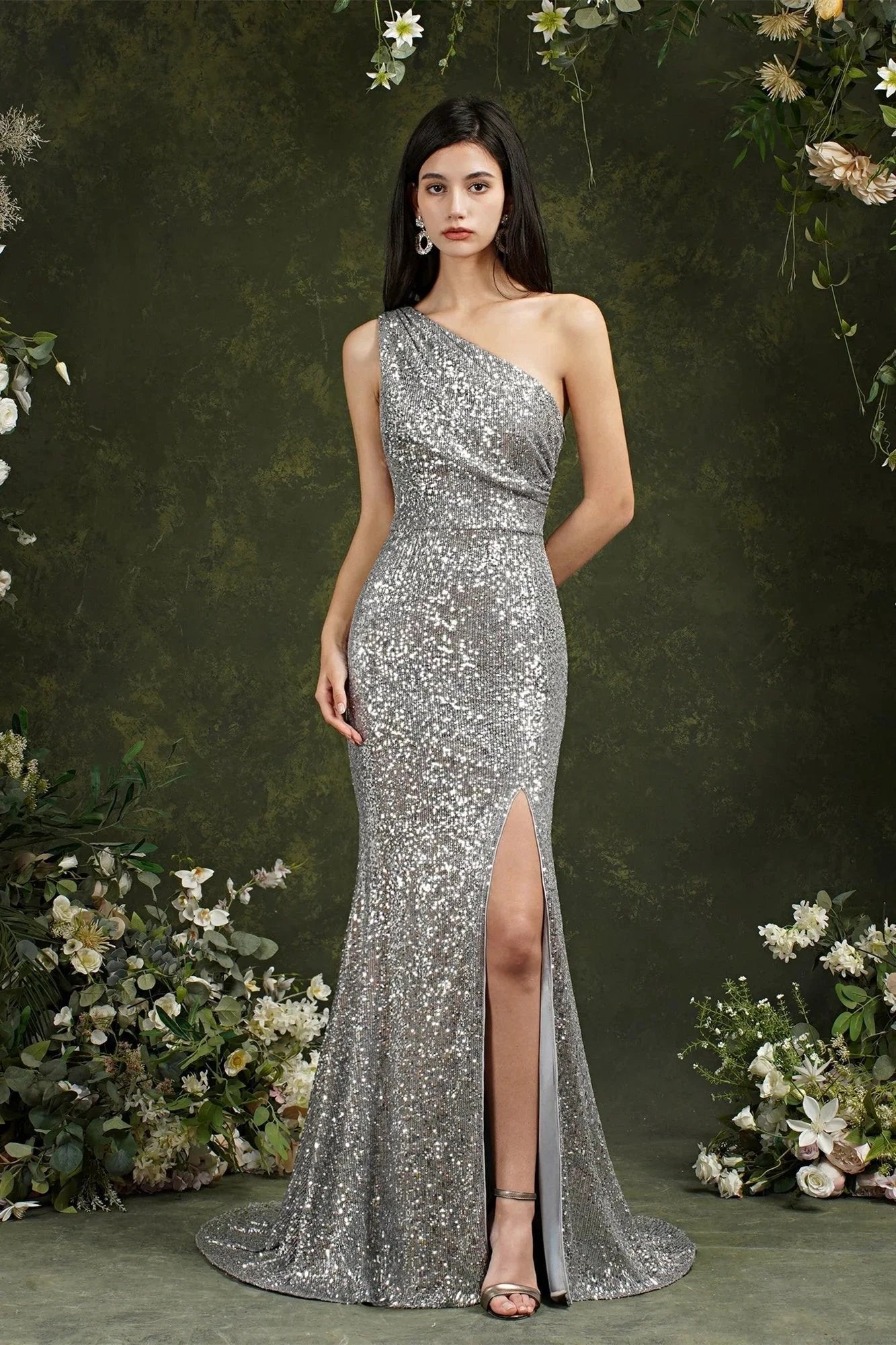 Sparkly One Shoulder Sequins Mermaid Floor-length Bridesmaid/Prom Dress With Side Slit (ZD13149)