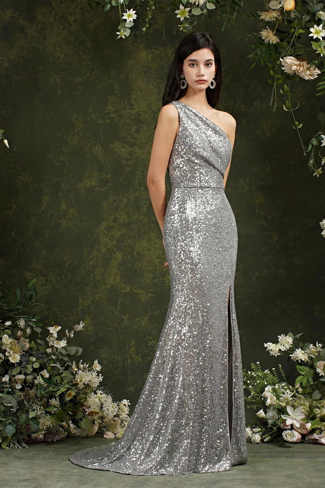 Sparkly One Shoulder Sequins Mermaid Floor-length Bridesmaid/Prom Dress With Side Slit (ZD13149)