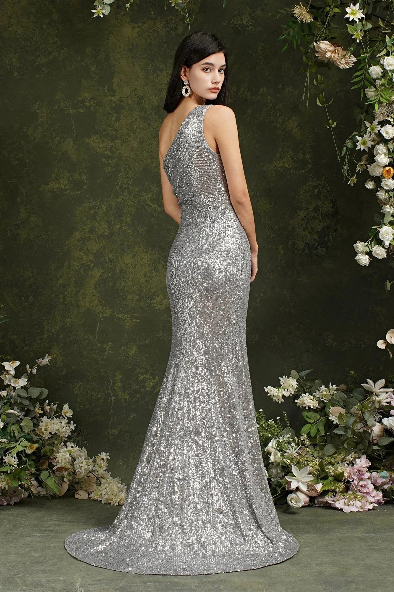 Sparkly One Shoulder Sequins Mermaid Floor-length Bridesmaid/Prom Dress With Side Slit (ZD13149)