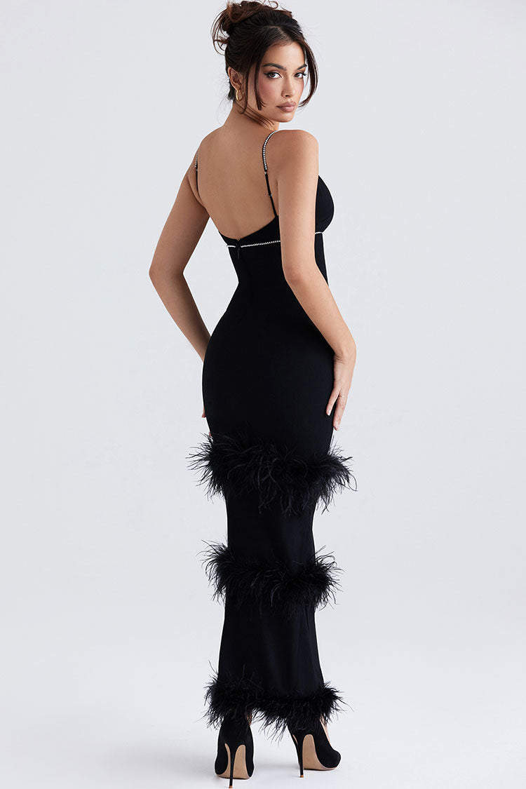 Sparkly Rhinestone Deep V Sleeveless Feather Trim Evening Maxi Dress - Black