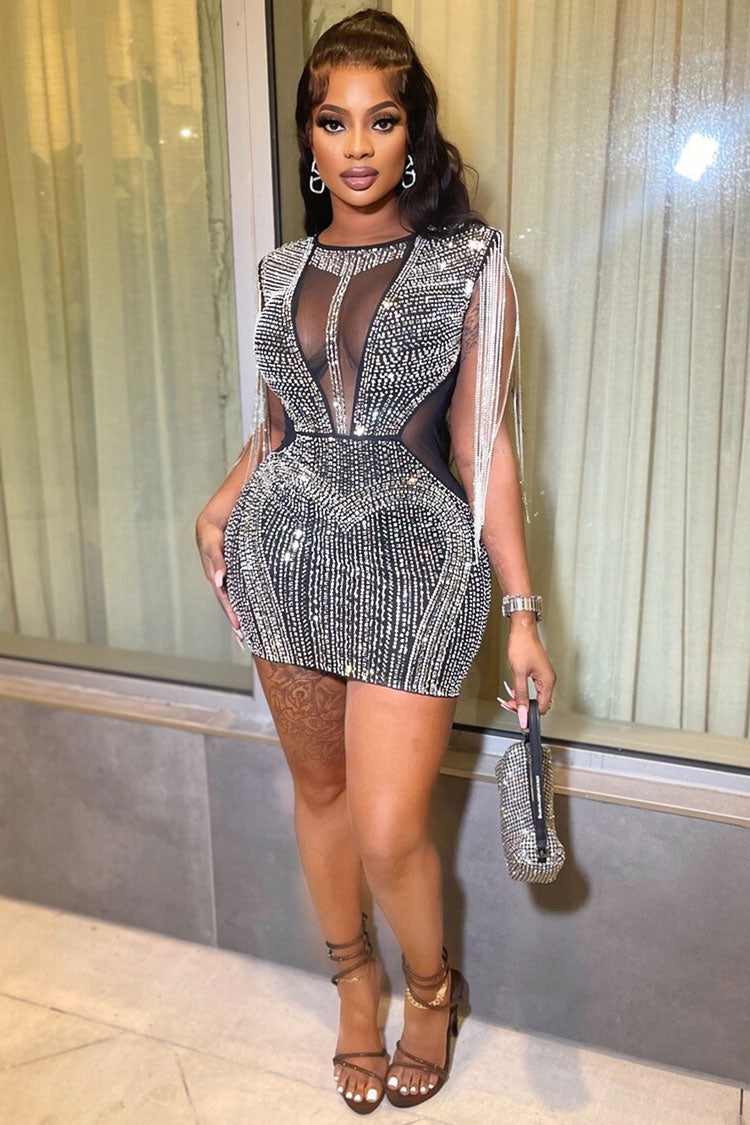 Sparkly Rhinestone Fringe Sleeveless Mesh Panel Fitted Party Mini Dress - Black - Fashionpara