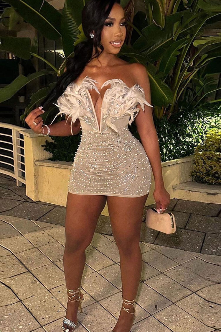 Sparkly Rhinestone Mesh Feather Deep V Strapless Party Mini Dress - Apricot - Fashionpara
