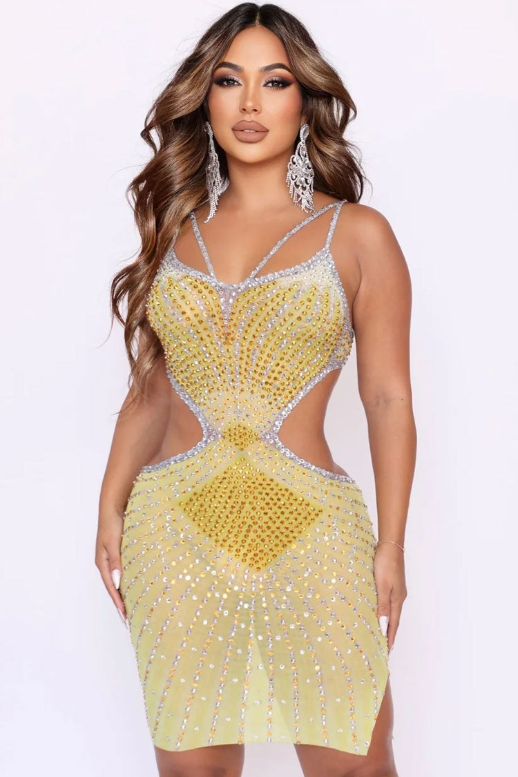 Sparkly Backless Rhinestone V Neck Sheer Mini Dress - Yellow - Fashionpara