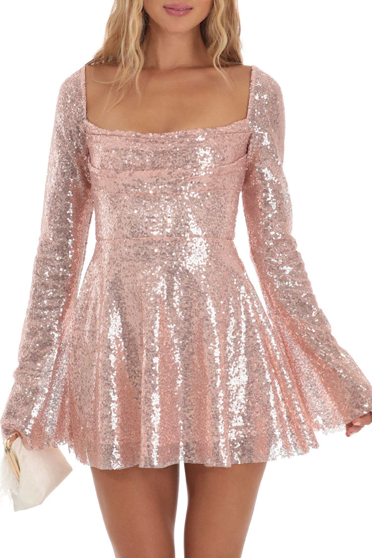 Sparkly Backless Gold Sequin Mini Dress with Bell Sleeves - Fashionpara