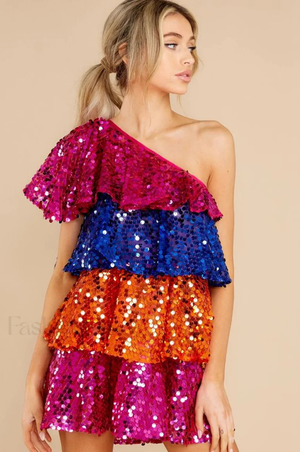 Sparkly Sequined One Charming Shoulder Mini Dress