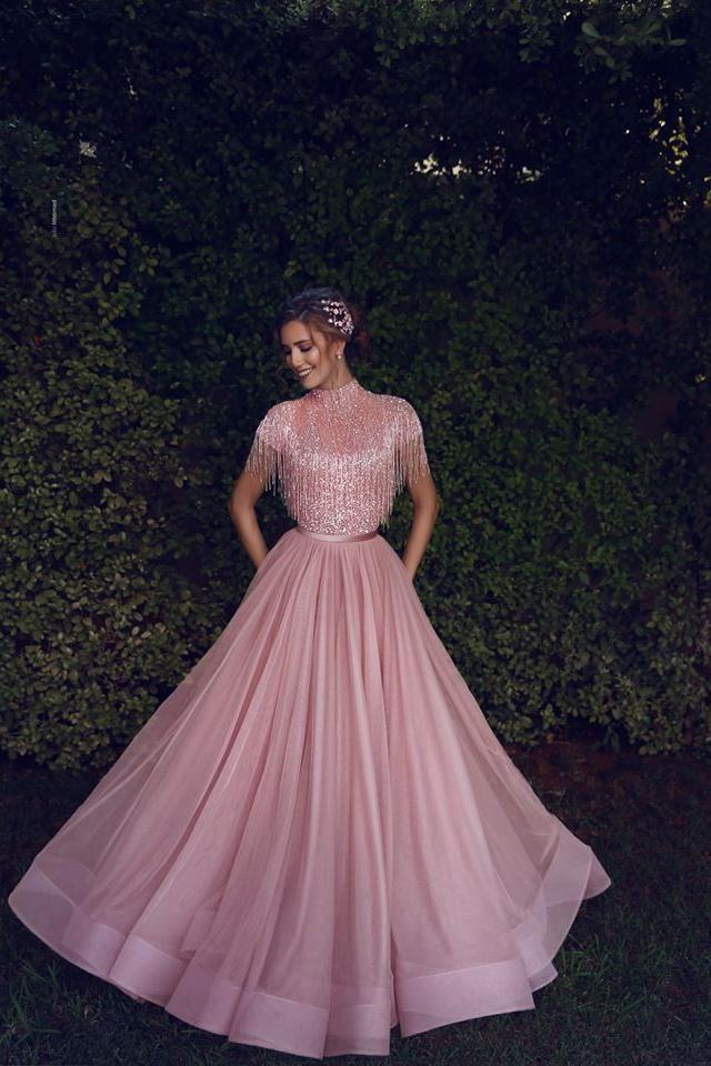 Special High Neck Tassel Beading Cap Sleeves Princess Prom Dresses Blushing Pink Evening Gowns