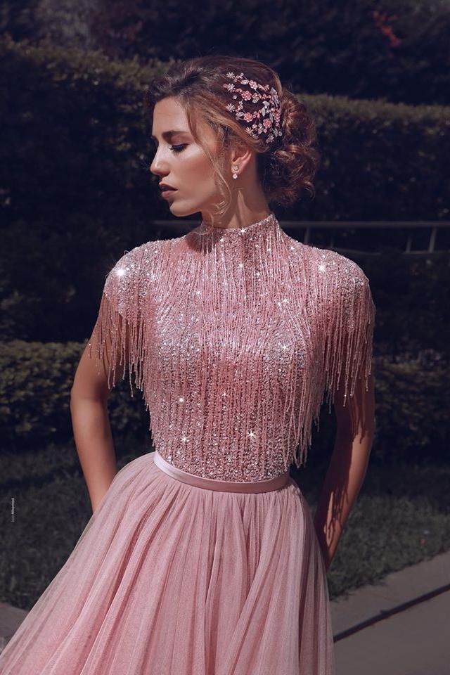 Special High Neck Tassel Beading Cap Sleeves Princess Prom Dresses Blushing Pink Evening Gowns