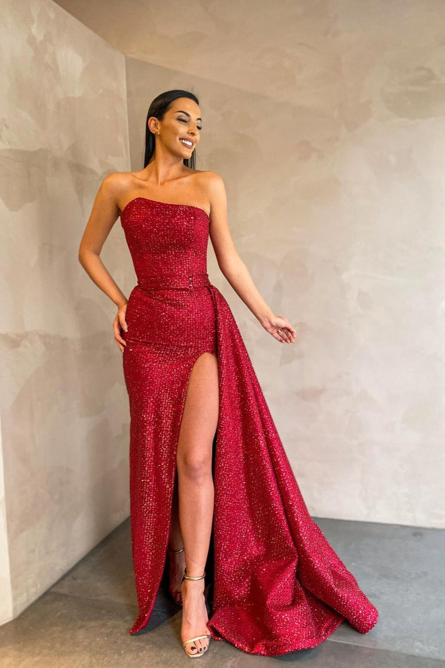 Special Strapless Sexy Front Slit Evening Dress Red Long