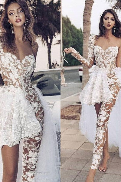 Special Two-piece Tulle Hi-lo Wedding Dress Lace Short Sexy One-Shoulder With Long Sleeve On One Side