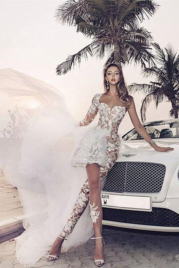Special Two-piece Tulle Hi-lo Wedding Dress Lace Short Sexy One-Shoulder With Long Sleeve On One Side