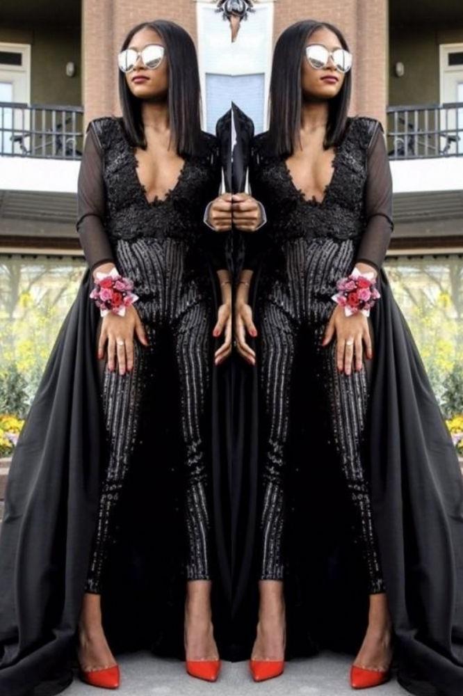 Special V-Neck Long Sleevess Lace Prom dresses with Sequins Trousers Floor-Length