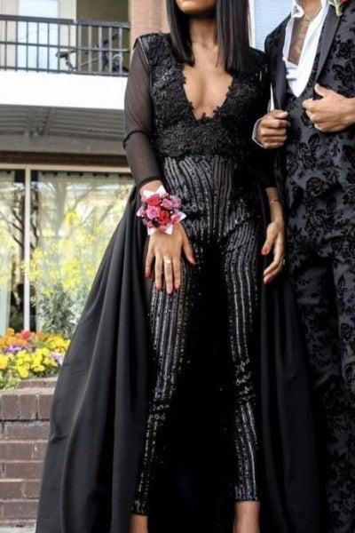 Special V-Neck Long Sleevess Lace Prom dresses with Sequins Trousers Floor-Length