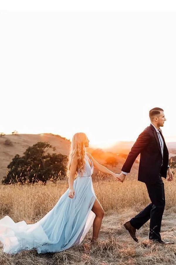 Split Sky Blue Rustic Wedding Dresses Beach Wedding Gown with Court Train (ZD16282)