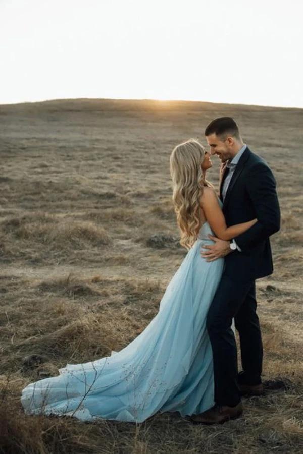 Split Sky Blue Rustic Wedding Dresses Beach Wedding Gown with Court Train (ZD16282)
