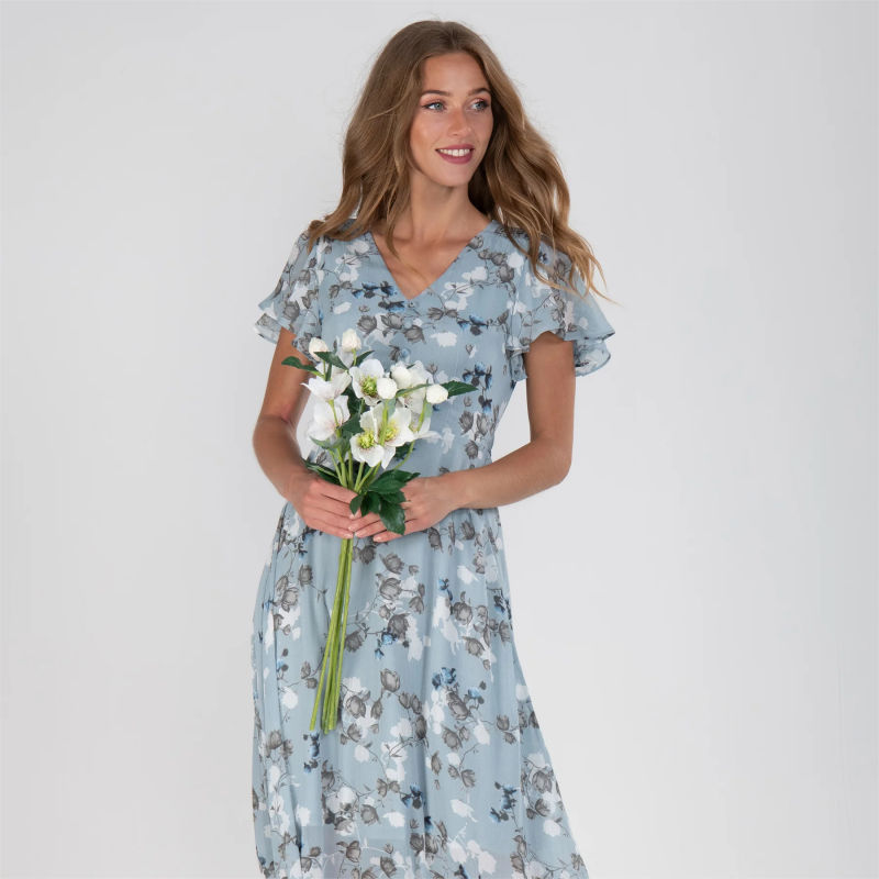 Lucrecia Exclusive Long Dress with Short Sleeves and Floral Print Statement Occasion Edit