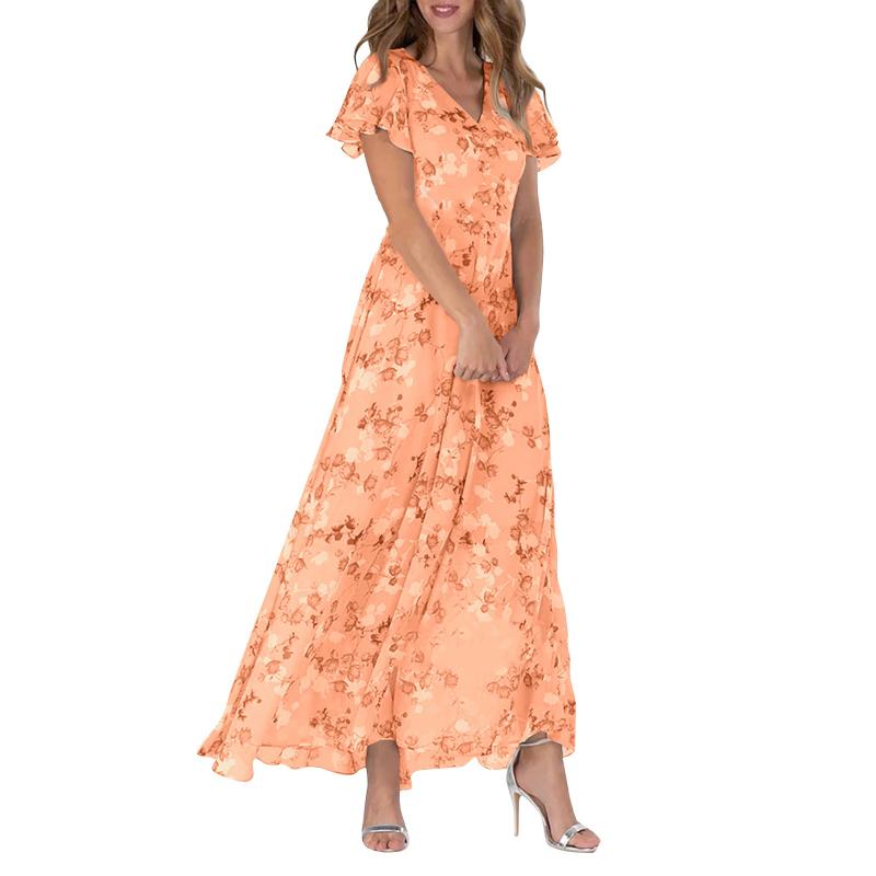 Lucrecia Exclusive Long Dress with Short Sleeves and Floral Print Statement Occasion Edit