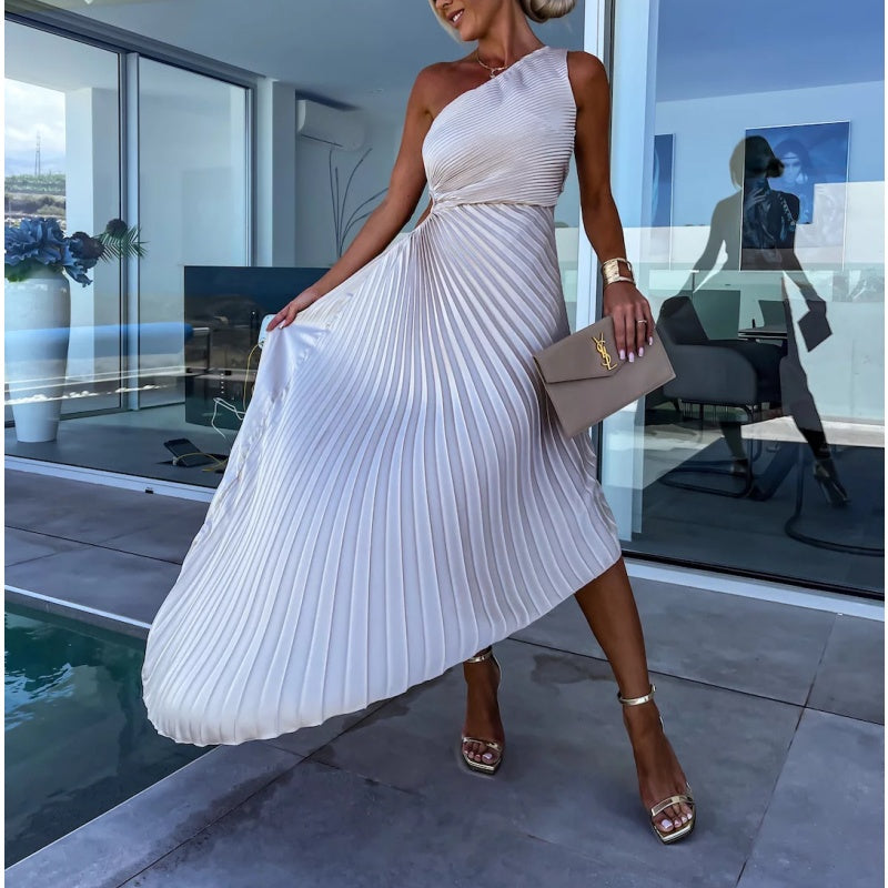 Alejandra Chic One Shoulder Pleated Maxi Dress with Hemstitching Evening Wear Edit