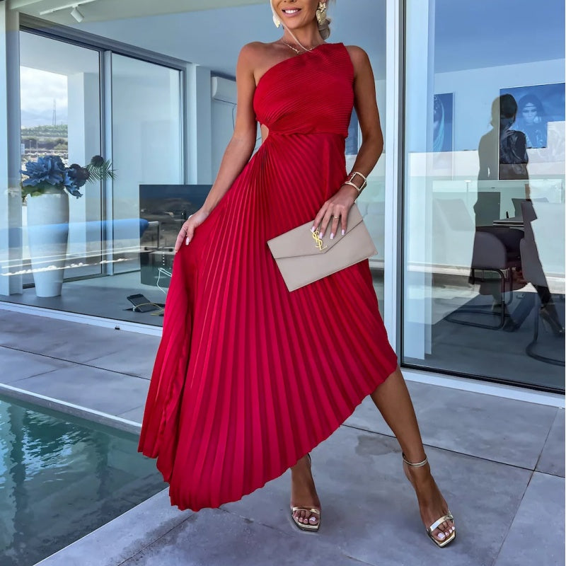 Alejandra Chic One Shoulder Pleated Maxi Dress with Hemstitching Evening Wear Edit