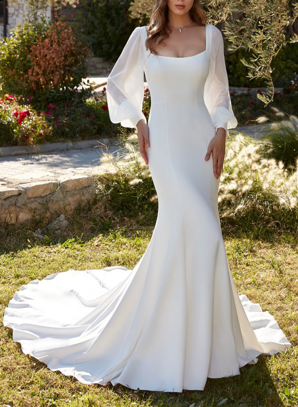 Square Neckline Long Sleeve Mermaid Fitted Wedding Dress Sweep Train