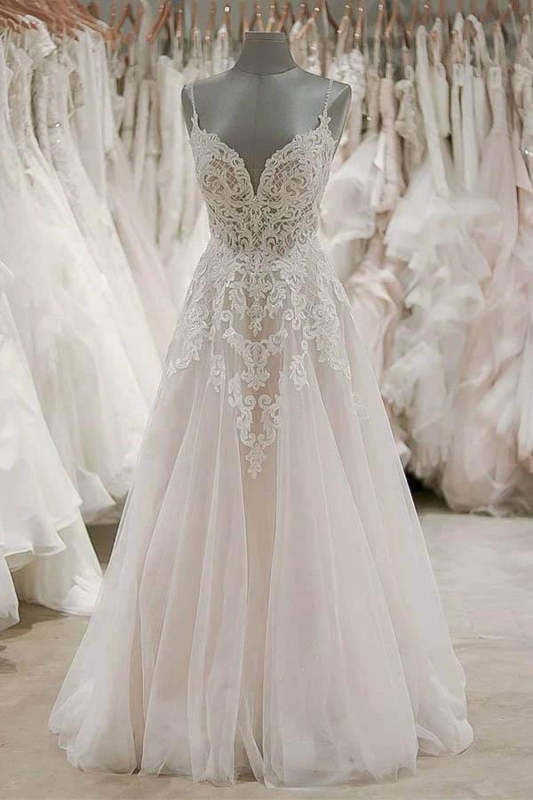 Strap V Neck Beach Wedding Dresses Backless Ivory Tulle Wedding Dress (ZD16369)