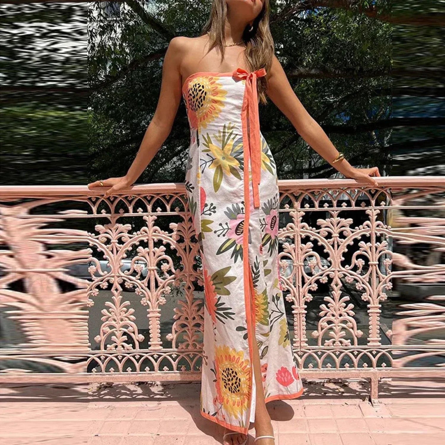 Elegant Strapless Split Floral Dress for Modern Fashion Wear