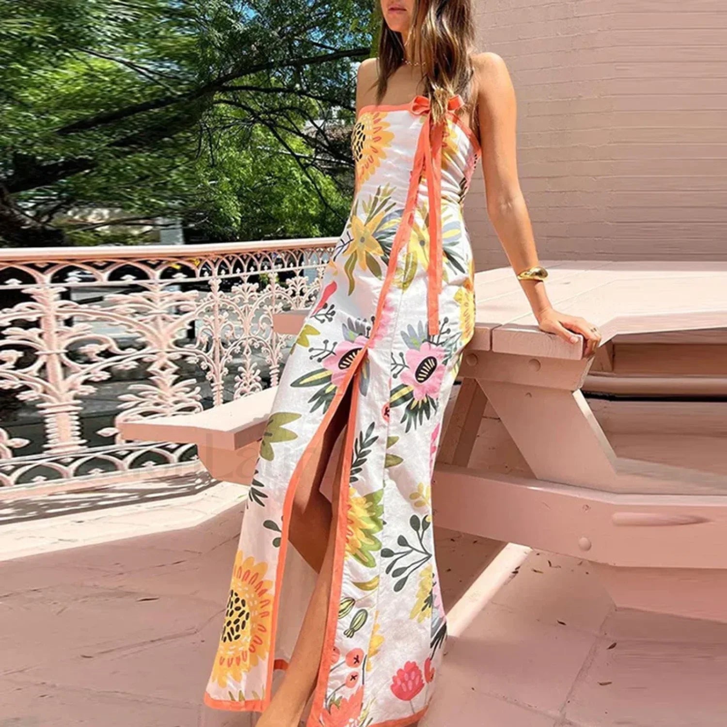Elegant Strapless Split Floral Dress for Modern Fashion Wear