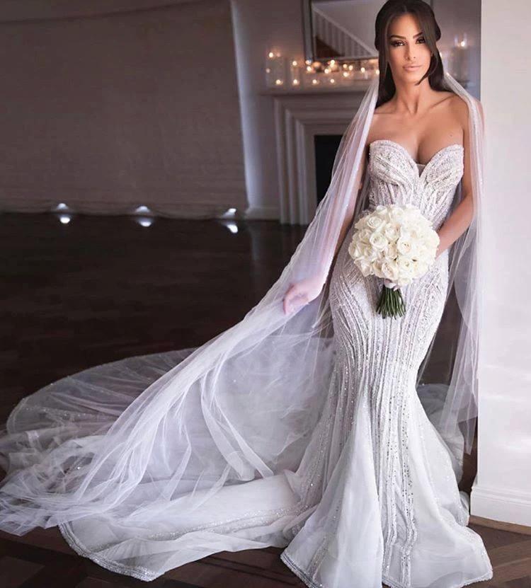 Strapless Sweetheart Beads Mermaid Wedding Dress Appliques Tulle Bridal Wears (ZD13826)