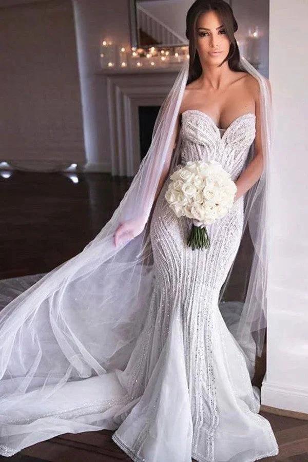 Strapless Sweetheart Beads Mermaid Wedding Dress Appliques Tulle Bridal Wears (ZD13826)