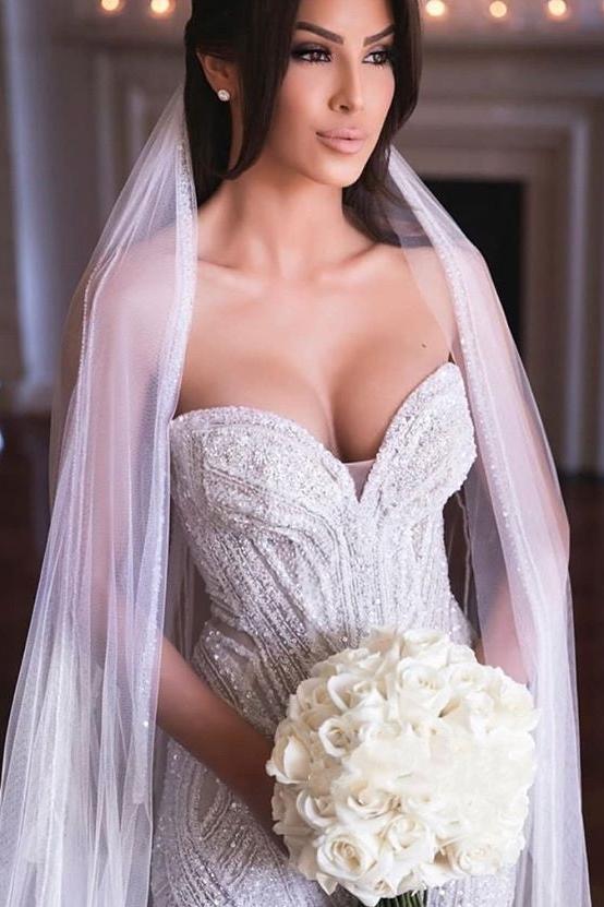 Strapless Sweetheart Beads Mermaid Wedding Dresses Appliques Tulle Bridal Gowns