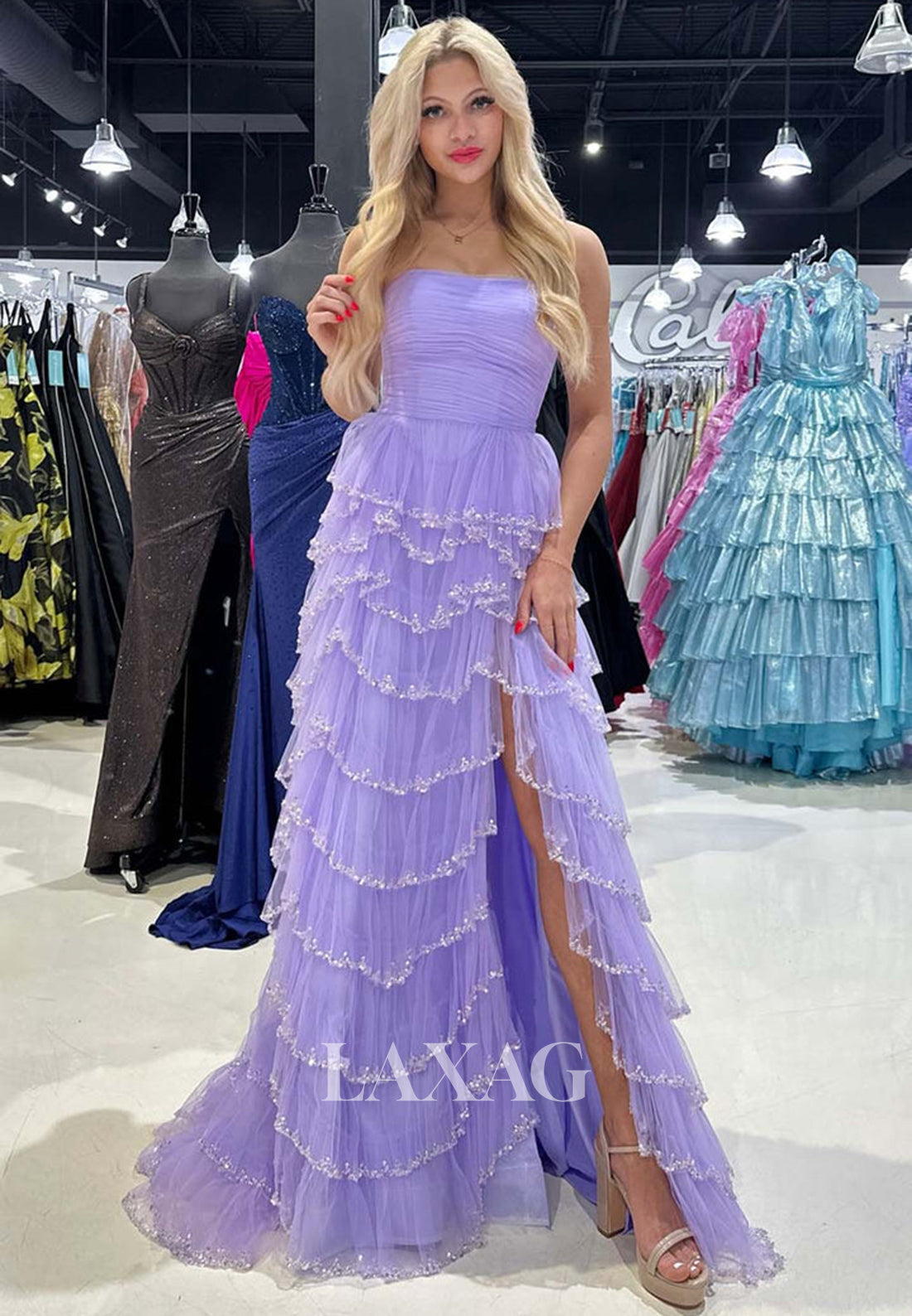 Tube Top Sleeveless Tiered A-Line Prom Dress Off-Shoulder Beaded Pleated Tulle Party Gowns with High Slit