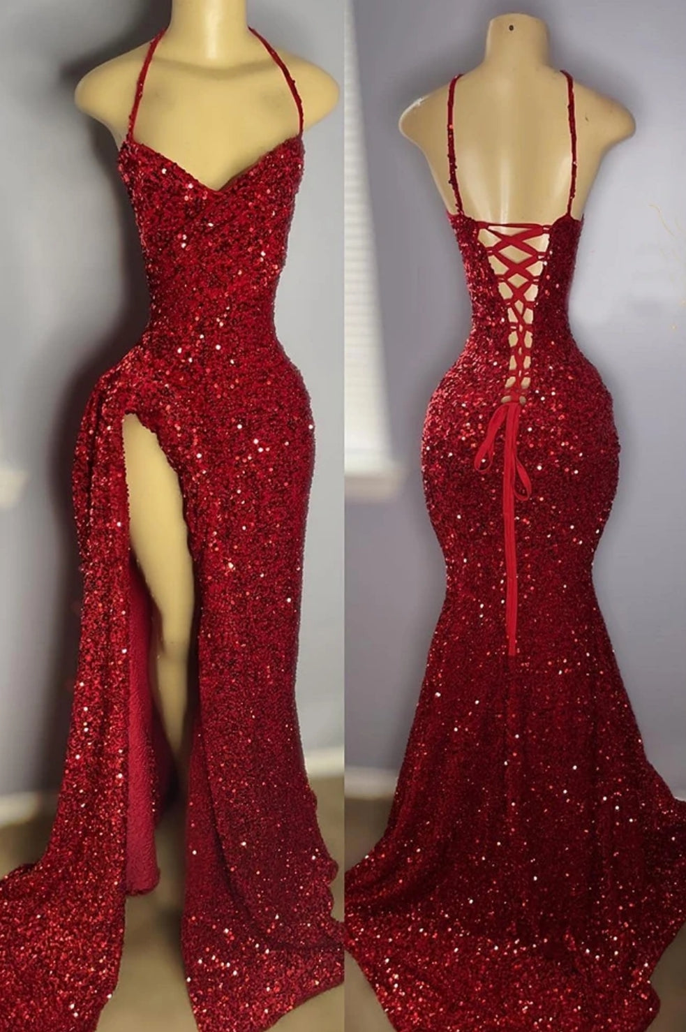 Straps Burgundy High Split Floor Length Prom Dresses