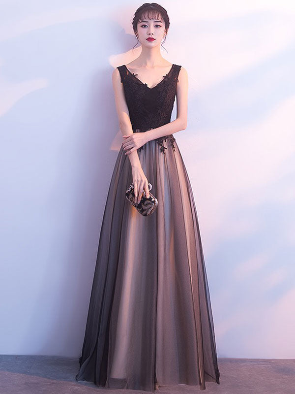 Stunning Black Evening Dresses Long V-Neck Lace Tulle Sleeveless A Lien Floor-Length Formal Evening Dress