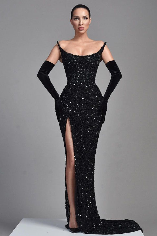 Stunning Black Straples Prom Dress Mermaid Long With Sequins Beads