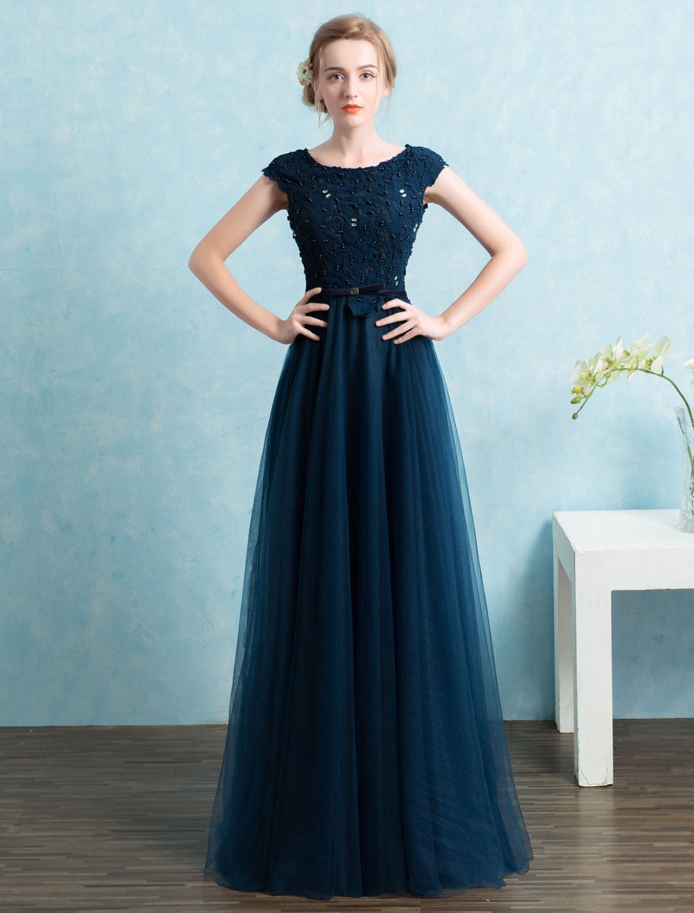 Stunning Blue evening dress Long Tulle Beading Evening Dresses Dark Navy Backless Floor-Length Party Dresses wedding guest dress