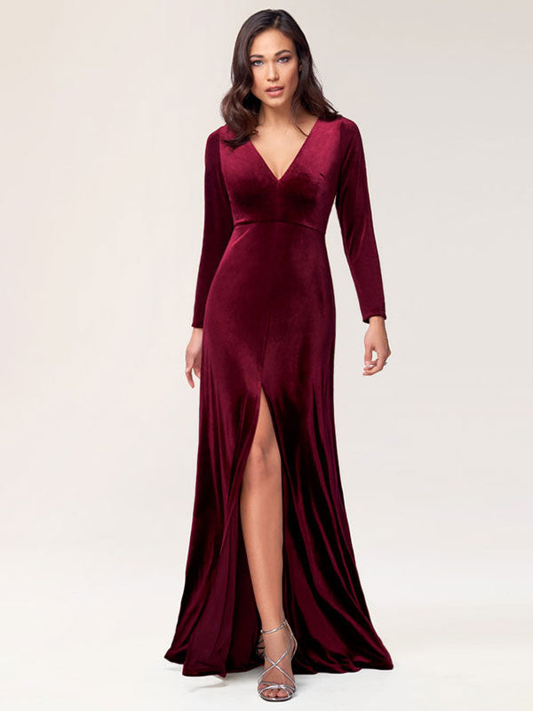 Stunning Burgundy Evening Dress Sheath Long Sleeve V-Neck Velour Social Party Dresses