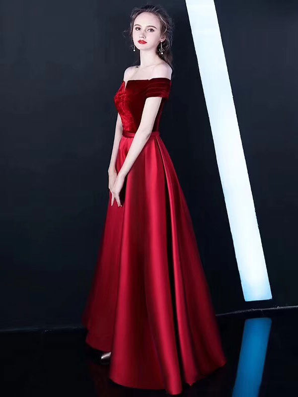Stunning Burgundy Evening Dresses Off-the-Shoulder Velvet Satin Formal Dress Notched Neck Floor-Length Evening Gowns