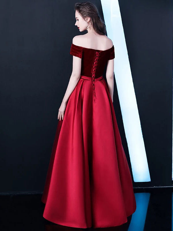Stunning Burgundy Evening Dresses Off-the-Shoulder Velvet Satin Formal Dress Notched Neck Floor-Length Evening Gowns