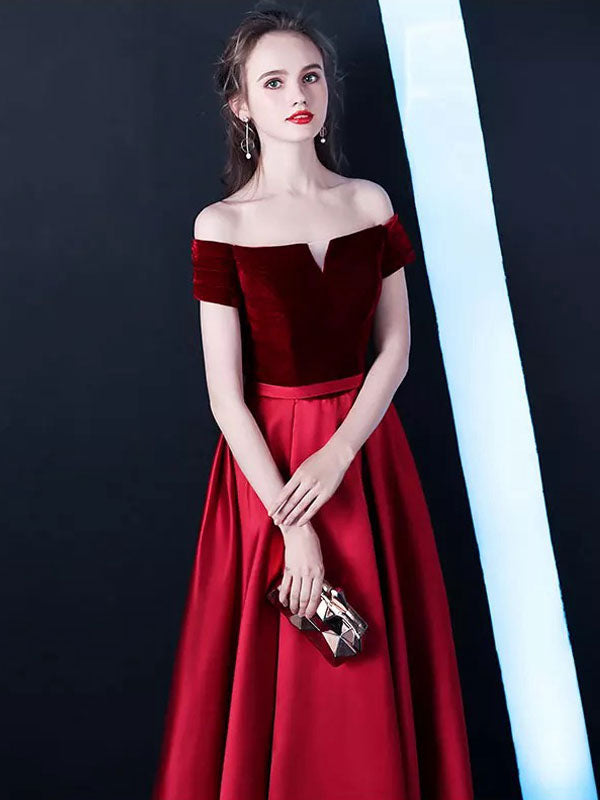 Stunning Burgundy Evening Dresses Off-the-Shoulder Velvet Satin Formal Dress Notched Neck Floor-Length Evening Gowns