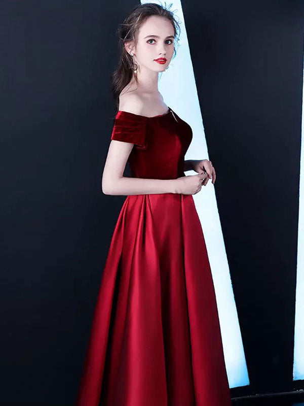 Stunning Burgundy Evening Dresses Off-the-Shoulder Velvet Satin Formal Dress Notched Neck Floor-Length Evening Gowns