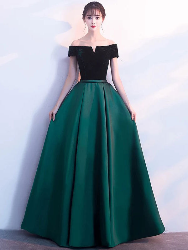 Stunning Burgundy Evening Dresses Off-the-Shoulder Velvet Satin Formal Dress Notched Neck Floor-Length Evening Gowns