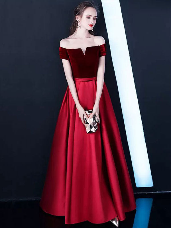 Stunning Burgundy Evening Dresses Off-the-Shoulder Velvet Satin Formal Dress Notched Neck Floor-Length Evening Gowns